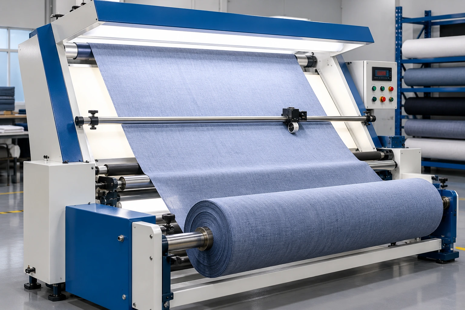 Fabric inspection machine with fabric roll passing over illuminated inspection surface