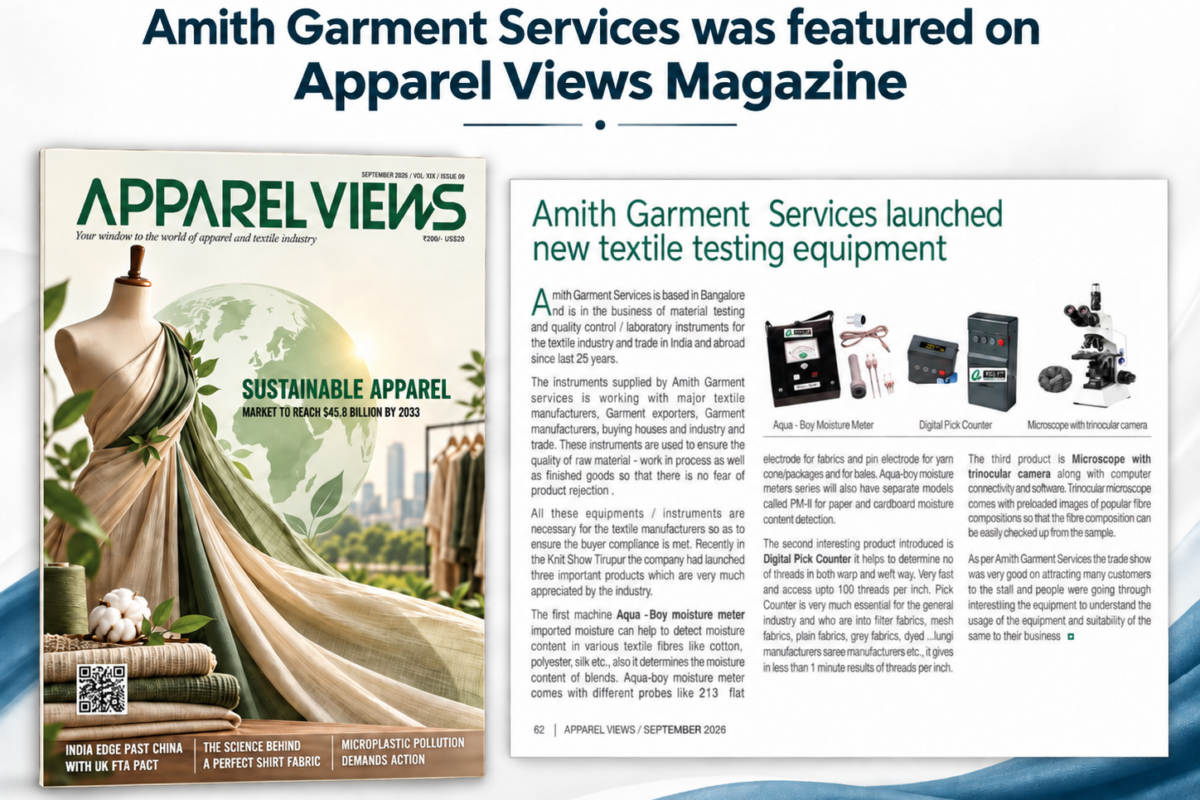 Amith Garment Services featured in Apparel Views Magazine September 2026 for textile testing equipment and quality control solutions.