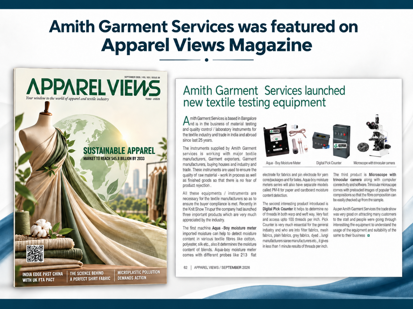 Amith Garment Services featured in Apparel Views Magazine September 2026 for textile testing equipment and quality control solutions.