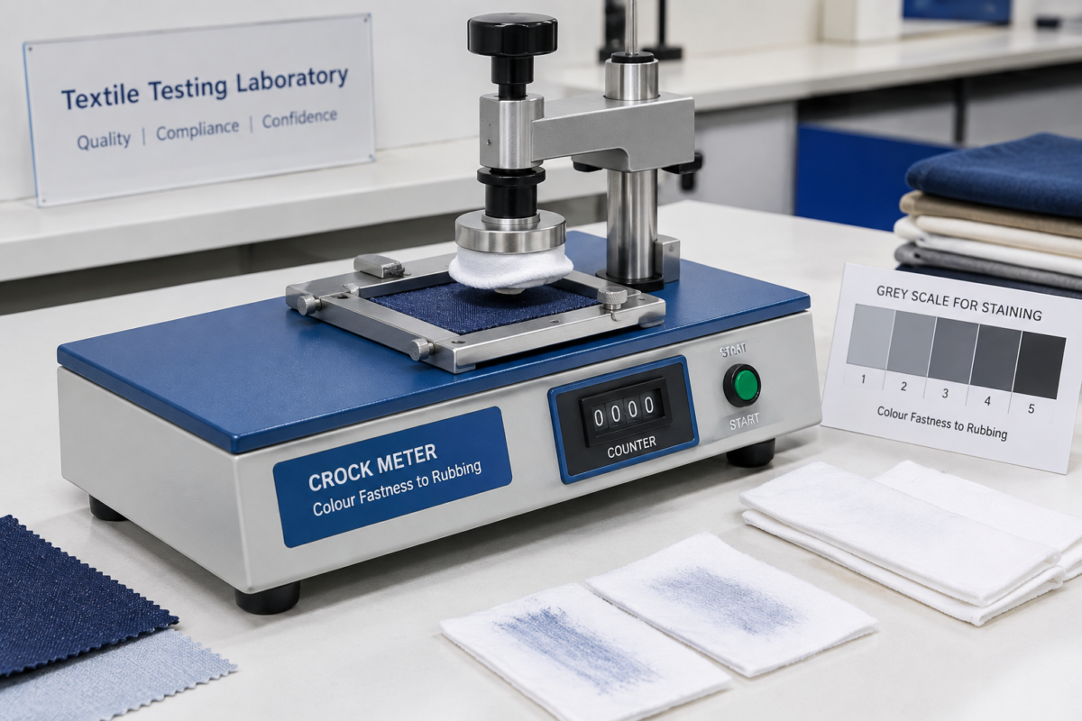 Crock Meter instrument used for colour fastness to rubbing testing in a textile lab