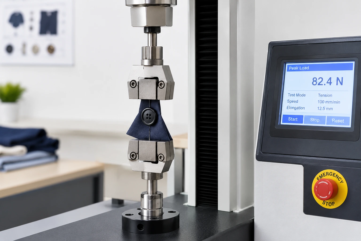 Pull Test Machine holding a garment button in a test fixture during an attachment strength test