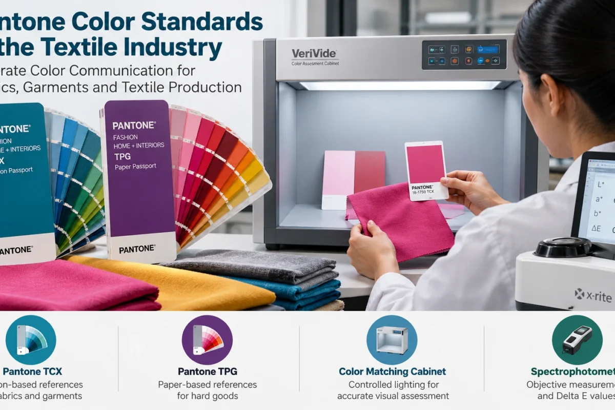 Pantone Color Standards references arranged beside fabric swatches for textile color matching
