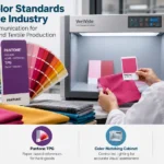 Pantone Color Standards references arranged beside fabric swatches for textile color matching