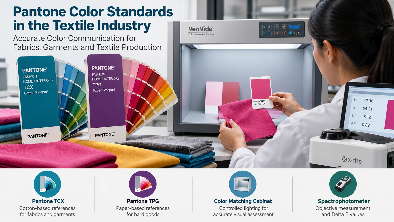 Pantone Color Standards references arranged beside fabric swatches for textile color matching