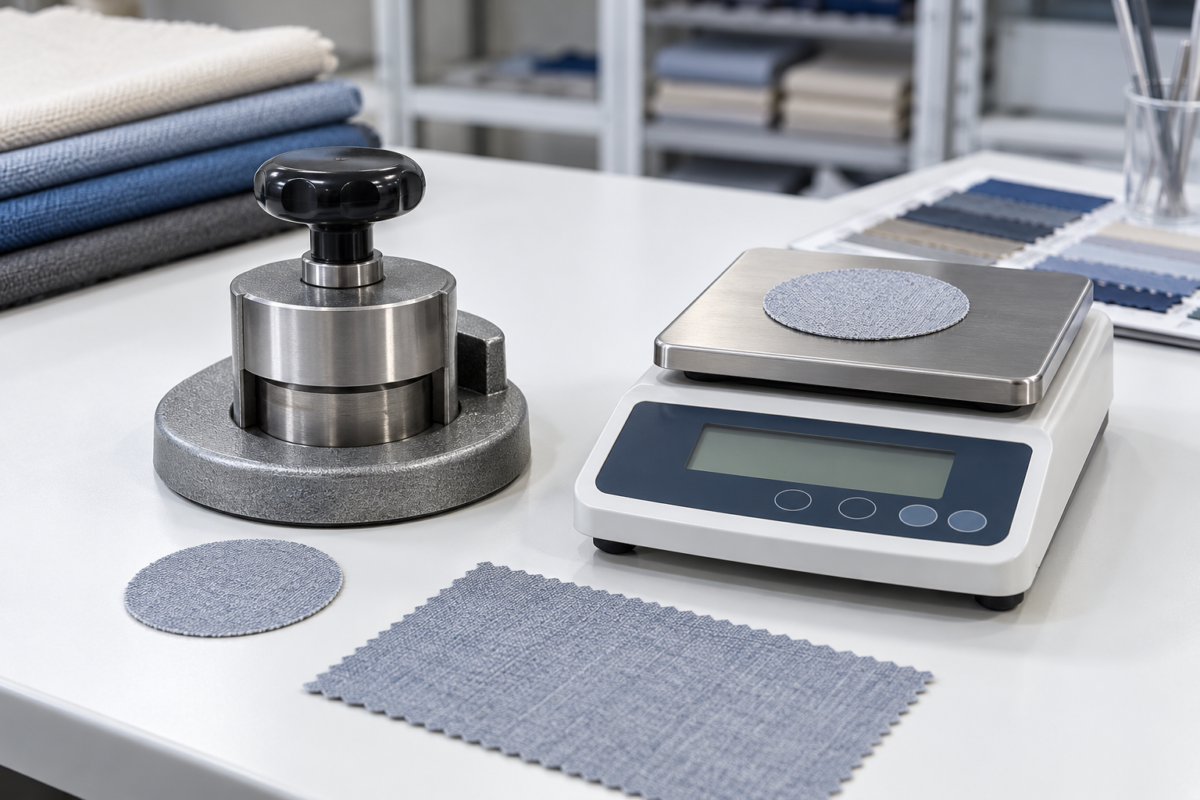 Fabric GSM testing setup with a round GSM cutter and precision weighing balance