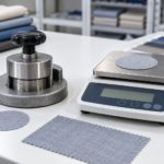 Fabric GSM testing setup with a round GSM cutter and precision weighing balance