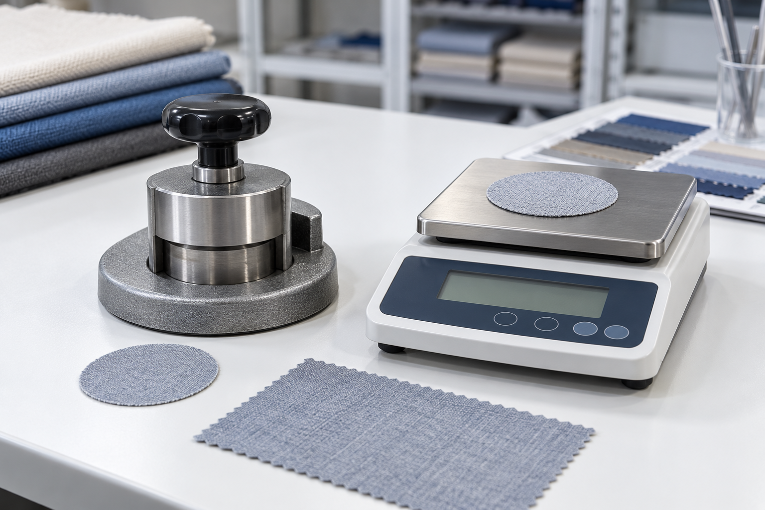 Fabric GSM testing setup with a round GSM cutter and precision weighing balance